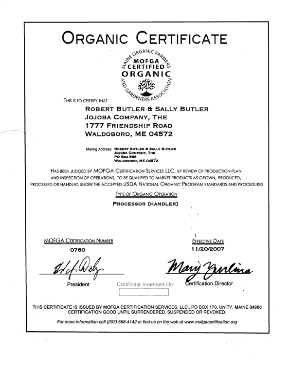 Organic certificate